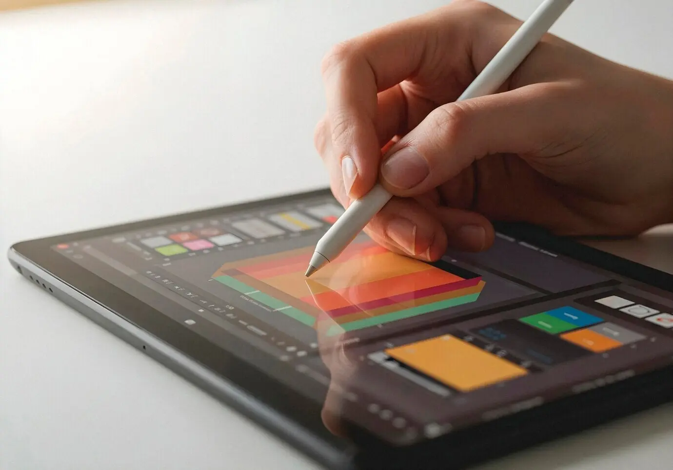 A digital artist creating art on a tablet with a stylus pen.